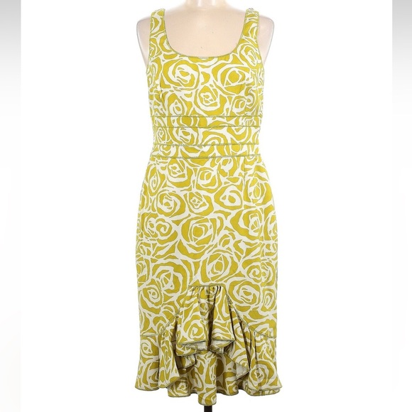 Vintage Carlisle Yellow & White 100% Silk Floral Roses Ruffled Dress Size 6 S - Picture 1 of 5